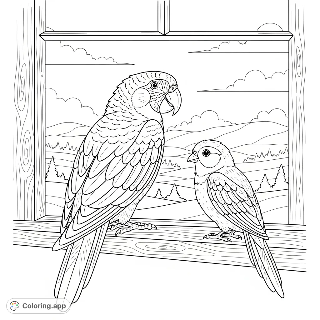 A detailed scene of a parrot gazing thoughtfully out a window, with its companion perched nearby. This free printable parrot coloring page is perfect for a relaxing coloring experience.