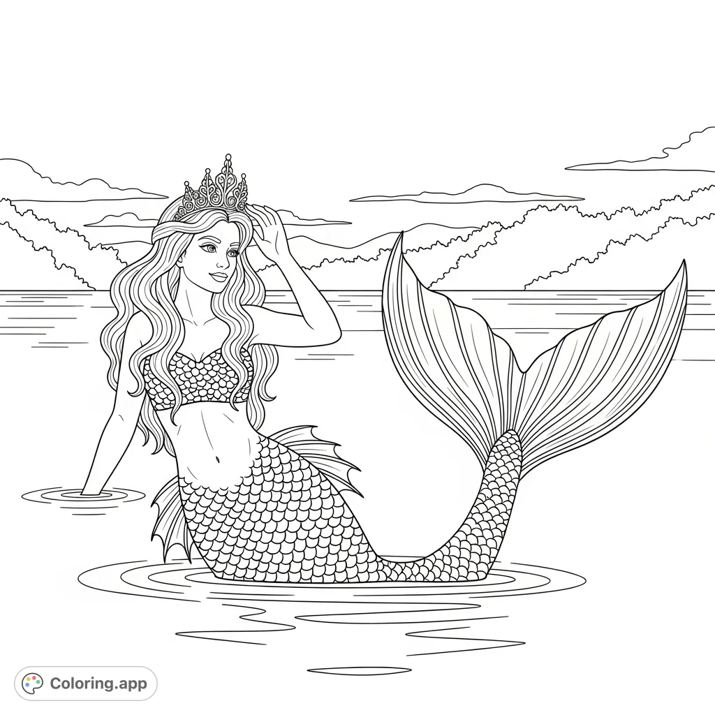 Dive into a magical underwater world with this detailed mermaid coloring page, featuring a regal mermaid, intricate scales, and a serene ocean backdrop.