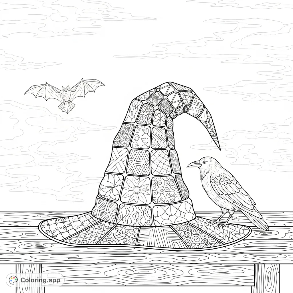 A detailed witch's hat with 31 sections, a perched crow, and a flying bat. Perfect for fantasy and Halloween enthusiasts seeking a challenging coloring page.