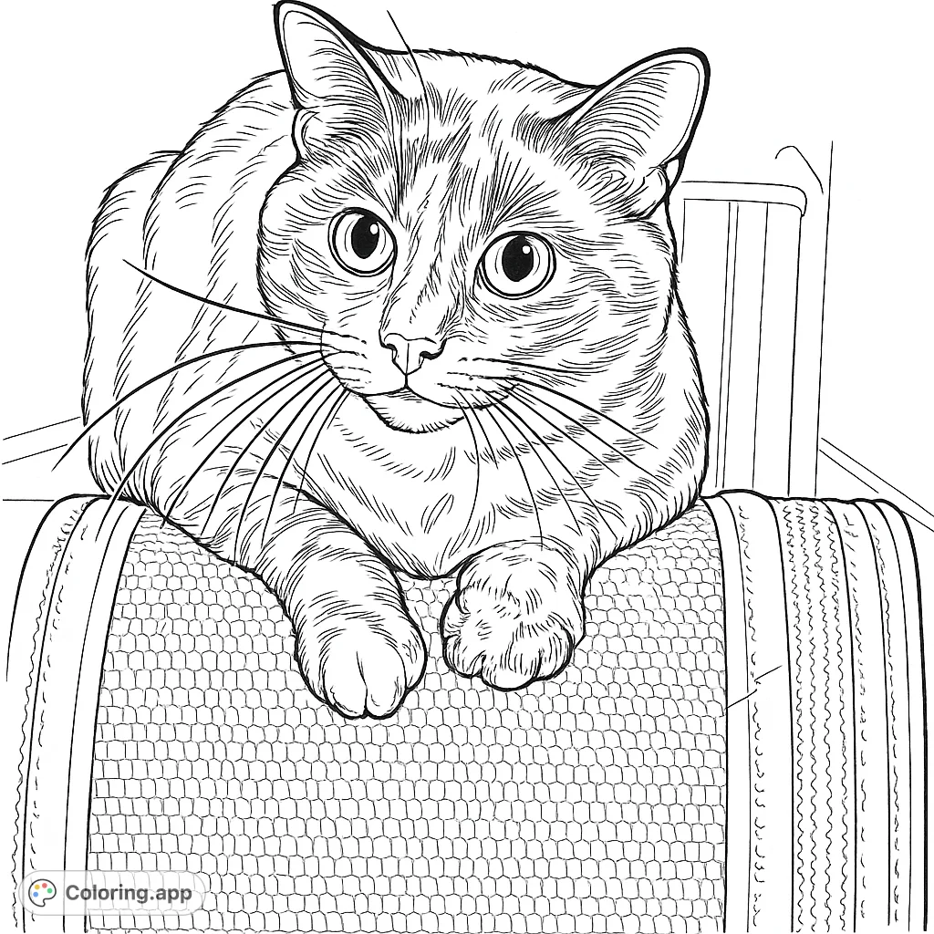 A charming feline with unique facial patterns, perched on a textured surface, ready for your creative touch. A delightful cat coloring page.