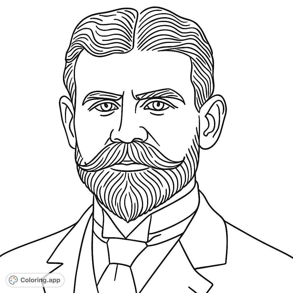Color a distinguished gentleman with a classic beard and mustache, wearing a suit and tie. A timeless portrait for creative expression.
