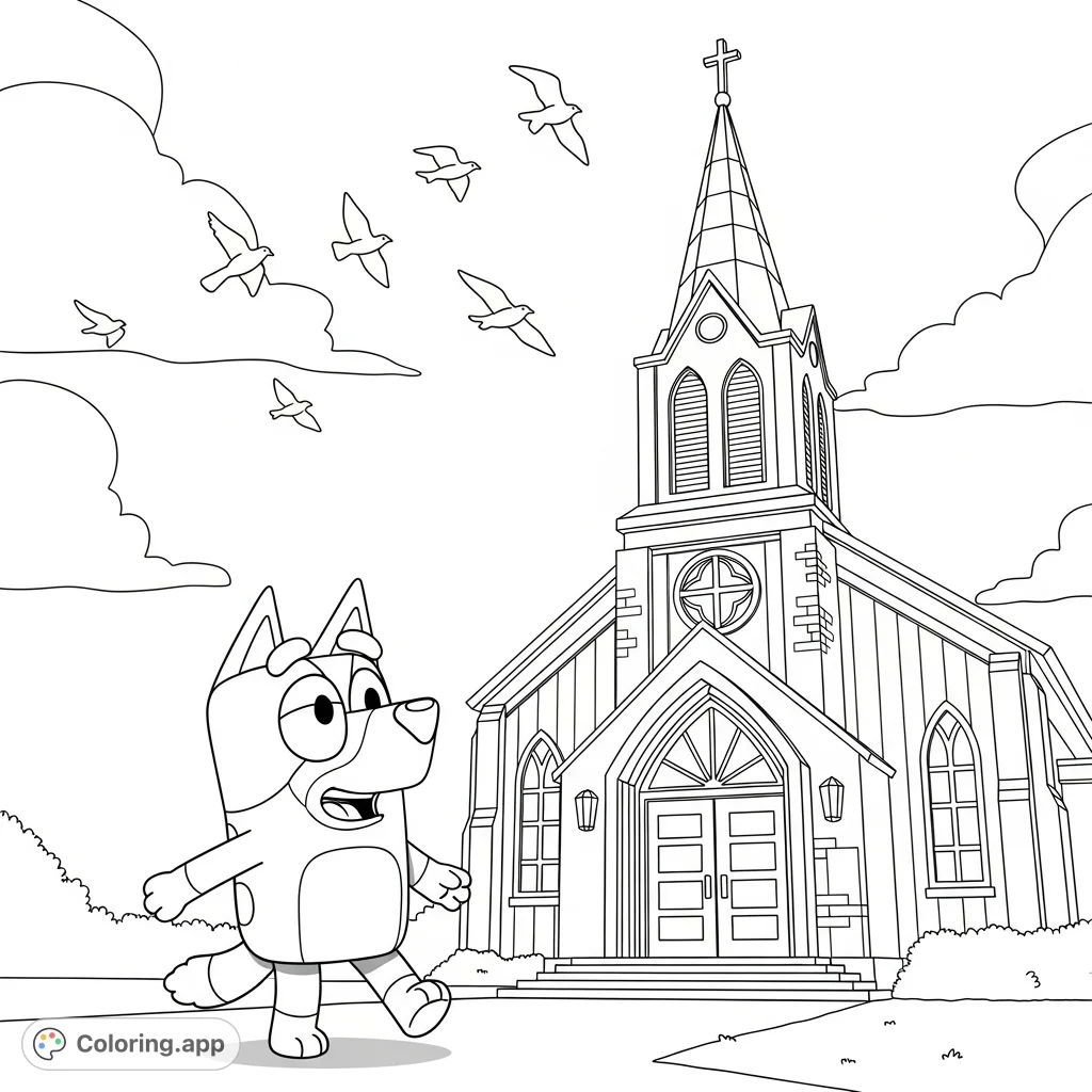 Join Bluey, the beloved cartoon dog, as she cheerfully approaches a stately church building with a steeple and flying birds. A delightful scene for all ages.