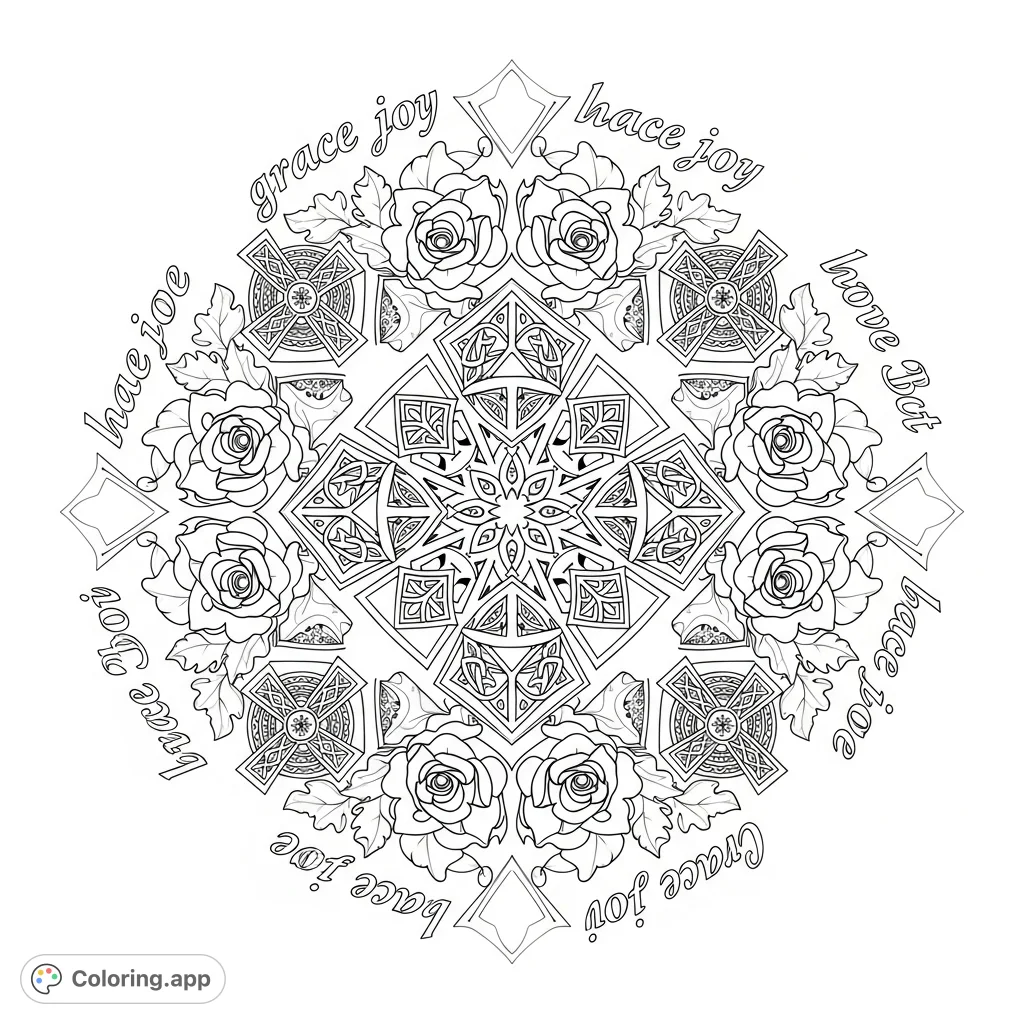 An intricate, rounded mandala featuring repeating roses, oak leaves, Celtic crosses, diamonds, and the words "grace, peace, joy, love, Christ" in elegant script.