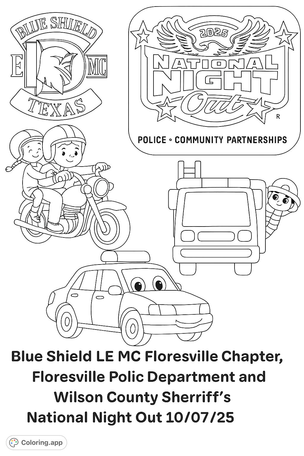 A fun community scene featuring children on a motorcycle, a friendly police car, a fire truck with a firefighter, and logos for community partnerships.