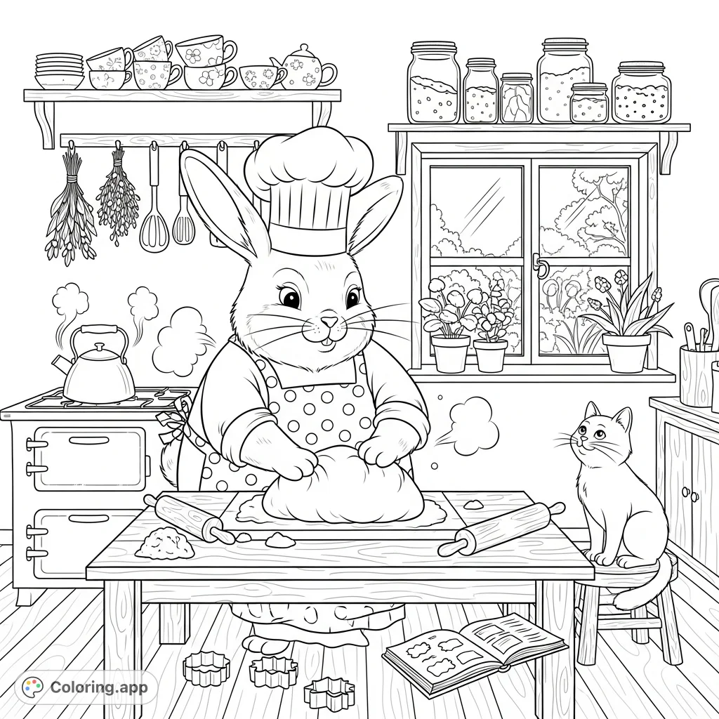 A charming bunny chef kneads dough in a cozy cottage kitchen, surrounded by rustic details, a curious cat, and a garden view. A delightful scene for all ages!