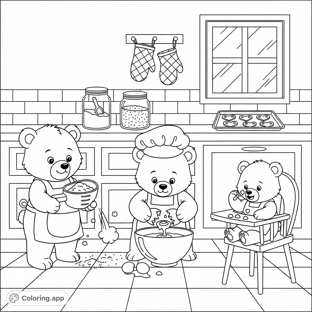 A heartwarming scene featuring three adorable bear cubs busily baking cookies in a charming farmhouse kitchen, filled with delightful details for coloring.