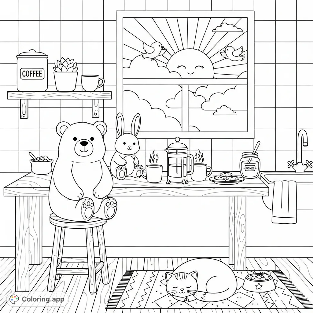 Immerse yourself in a charming, cozy kitchen scene featuring adorable animals, a steaming French press, and intricate details perfect for a relaxing coloring experience.