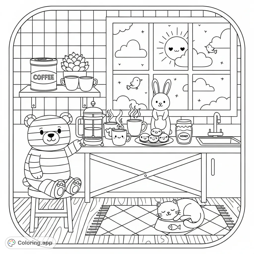 A charming Kawaii kitchen coloring page featuring a cozy scene with a bear, bunny, and cat, surrounded by delightful details like a French press and happy cookies.