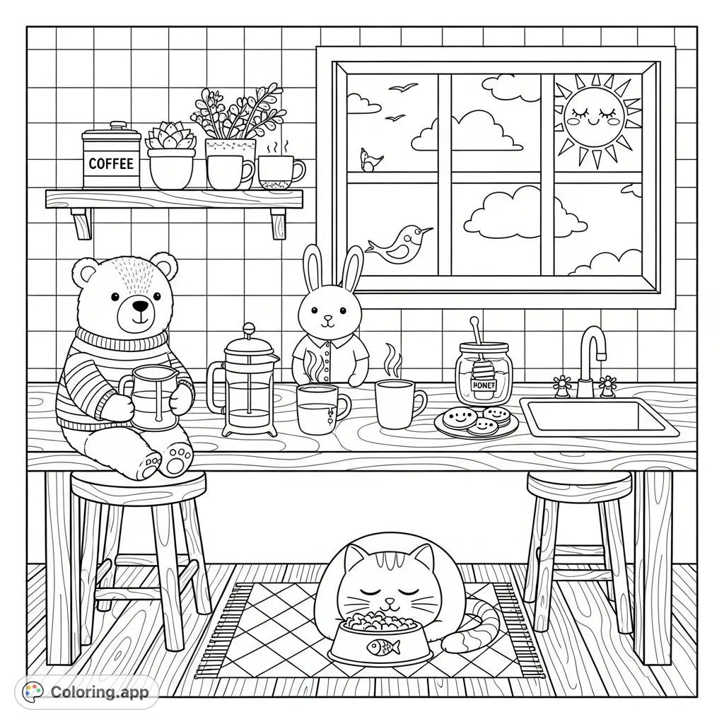 A charming cozy kitchen coloring page featuring a bear, bunny, and sleeping cat amidst delightful details like a KAWAII sun, fresh coffee, and cookies.