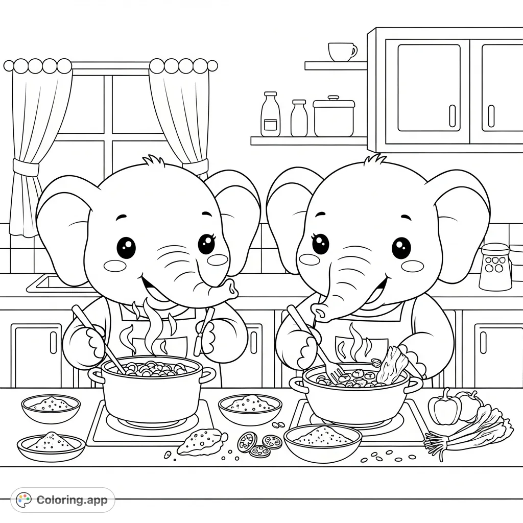 A delightful kawaii-style coloring page featuring two anthropomorphic elephants happily preparing curry in a cozy kitchen setting. Perfect for creative fun!