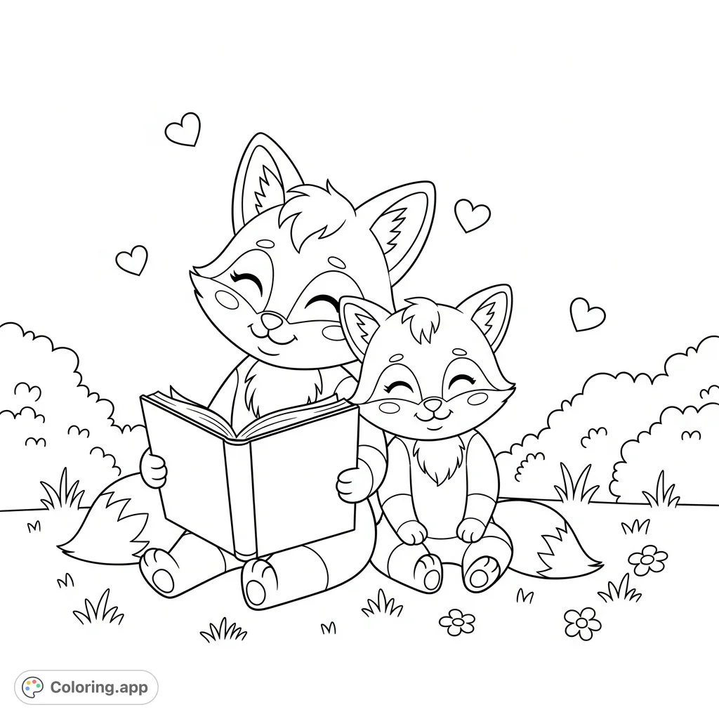 An endearing kawaii fox coloring page featuring an older sister reading a storybook to her younger brother amidst flowers and floating hearts. Perfect for kids!
