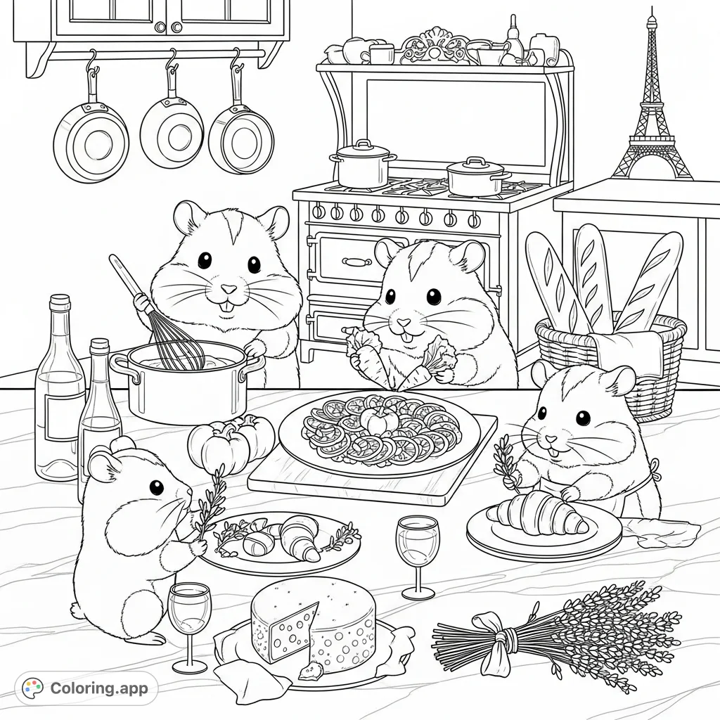 Join four adorable kawaii hamsters as they prepare a delightful French feast in a charming, detailed kitchen, perfect for a relaxing coloring experience.