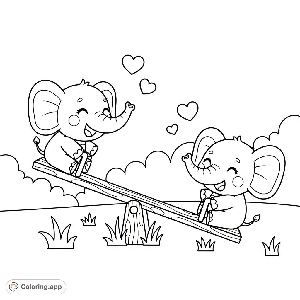A charming kawaii elephant seesaw scene, featuring two cheerful elephants with big eyes and playful expressions, surrounded by hearts and simple nature elements.