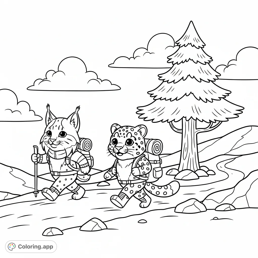 An adorable kawaii lynx and snow leopard embark on an alpine adventure, complete with hiking gear and a snowy trail. Perfect for a cozy coloring escape!