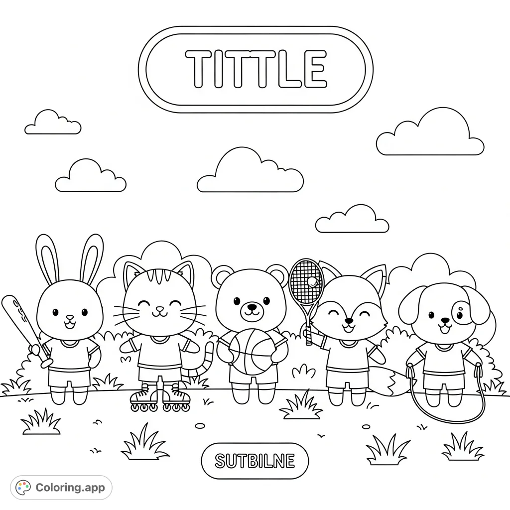 A delightful kawaii animals coloring page featuring five charming animal friends in a horizontal line, each holding a sports item, with a simple background.