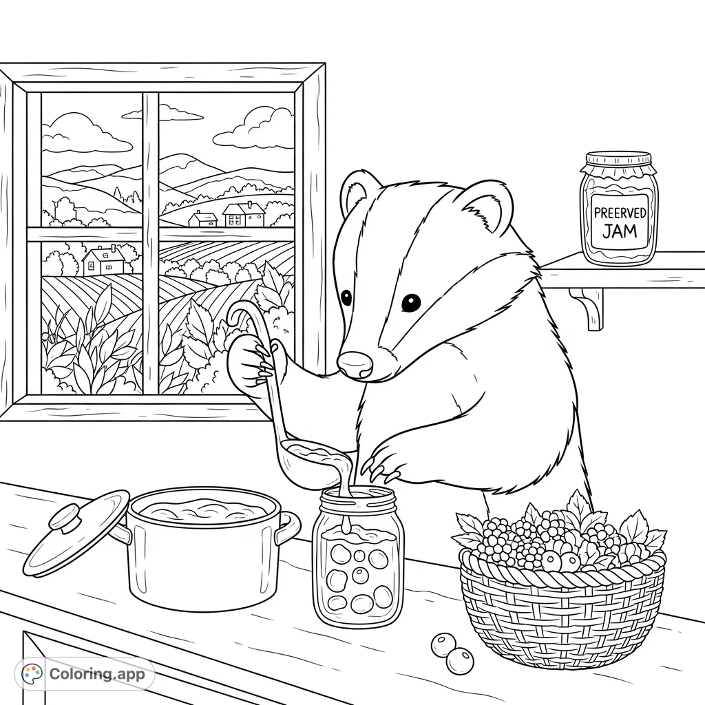 A charming kawaii badger fills a mason jar with jam in a cozy kitchen, surrounded by berries and a picturesque harvest view. Perfect for relaxation.
