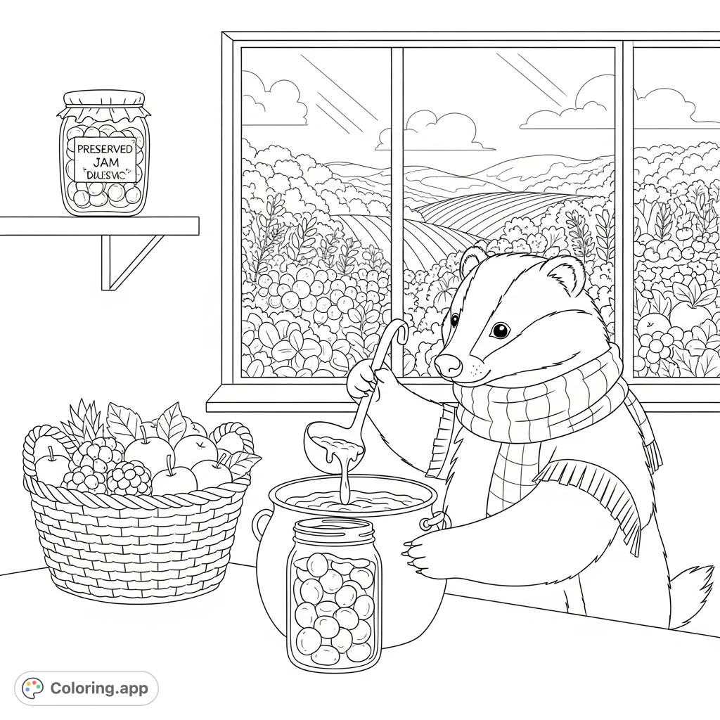 A charming kawaii badger diligently fills a mason jar with jam, surrounded by fresh fruit and a cozy harvest kitchen scene. Perfect for adult coloring!
