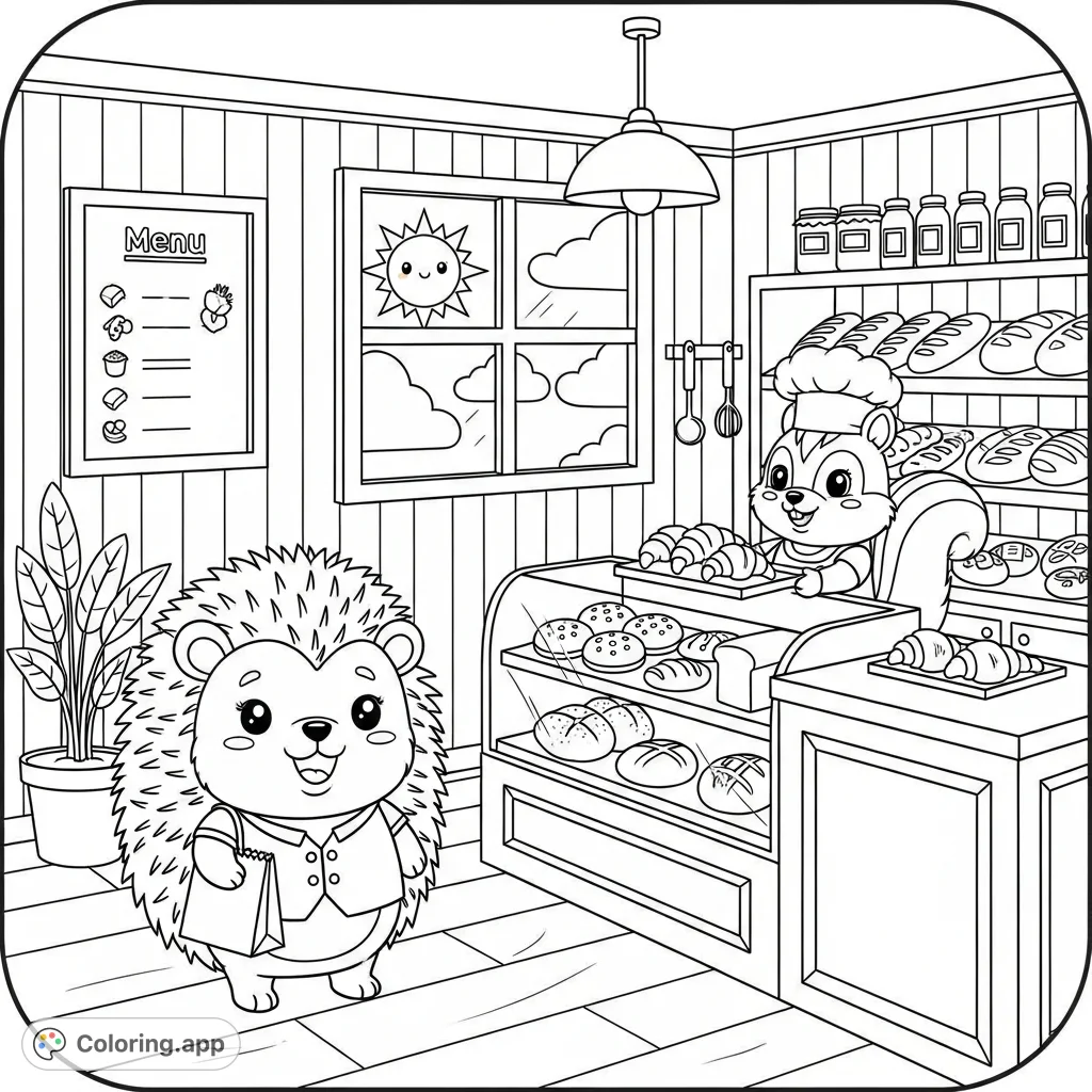 A delightful kawaii bakery scene featuring a happy hedgehog with a paper bag and a cheerful squirrel baker with croissants. Perfect for a cozy coloring escape.