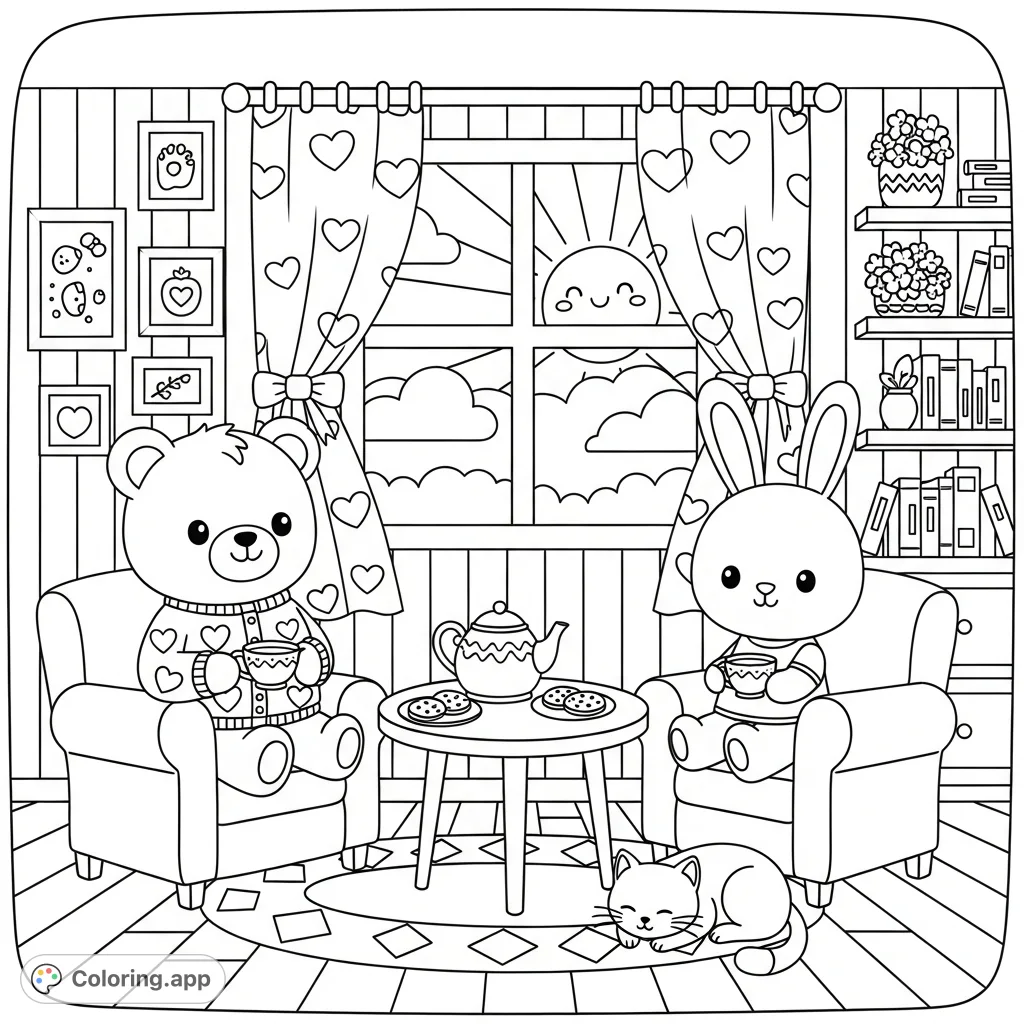 A heartwarming kawaii scene featuring a bear and bunny enjoying morning tea in a cozy living room, complete with a friendly cat and a cheerful sunrise.