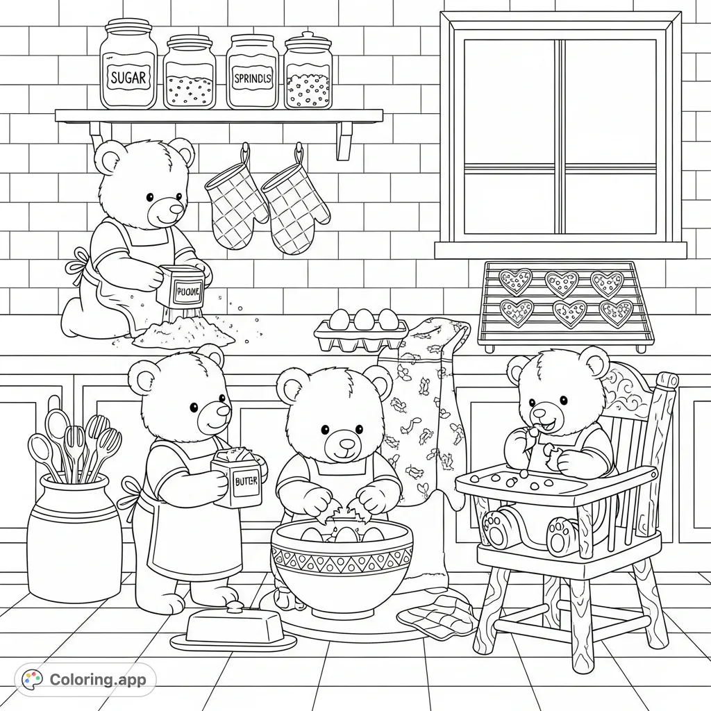 A delightful farmhouse kitchen scene with three kawaii bear cubs baking cookies, featuring charming details like checkered tiles and sweet treats.