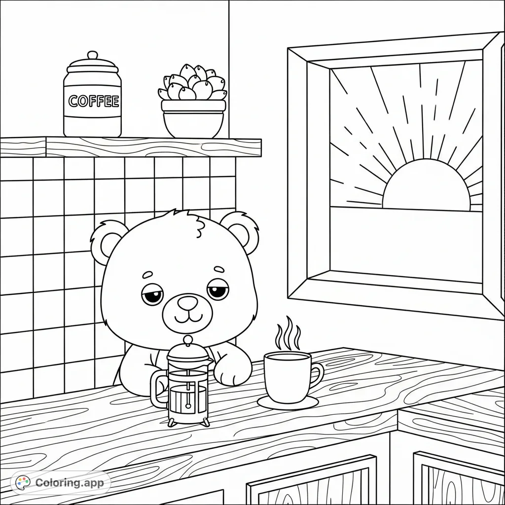 Discover a cute kawaii bear in a cozy kitchen corner with a French press and steaming mug. A delightful scene for a relaxing coloring experience.