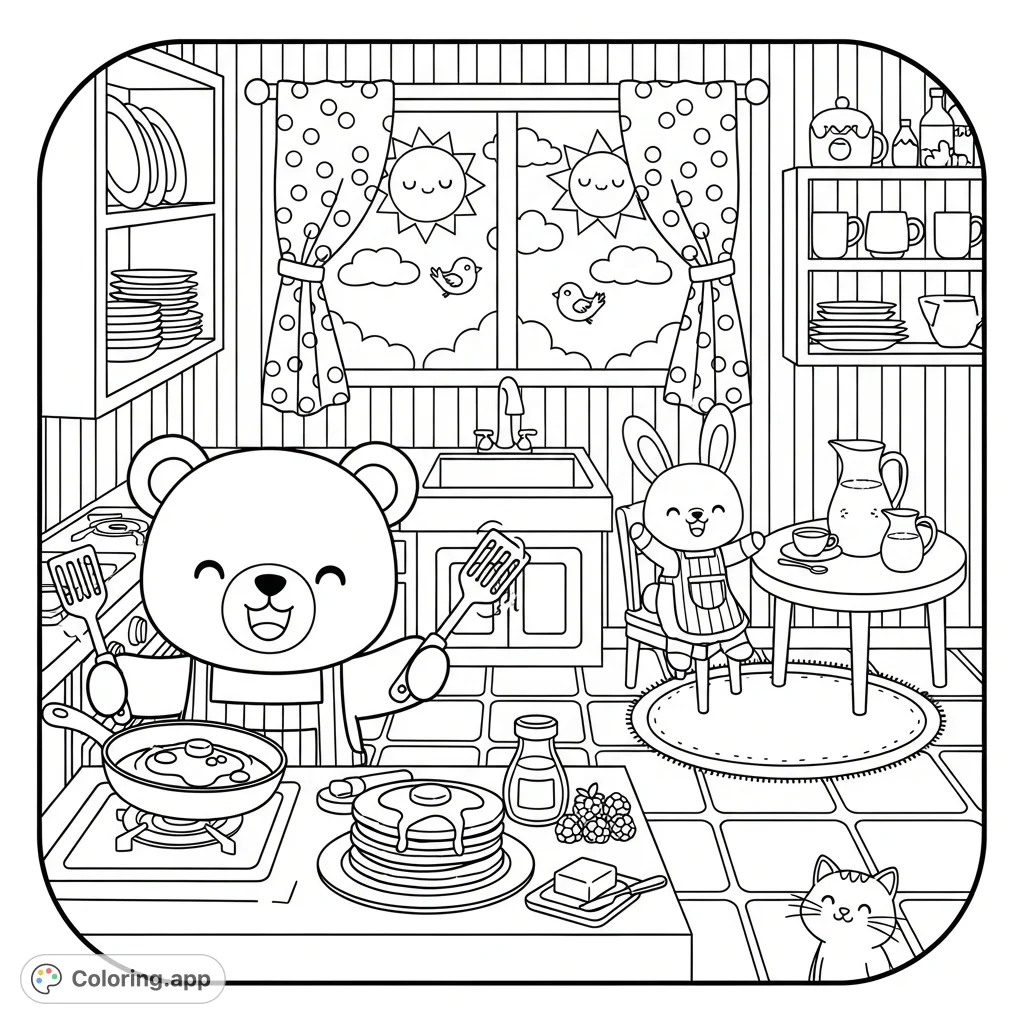 A charming Kawaii bear whips up pancakes in a cozy kitchen, while an excited bunny and watchful cat await breakfast. Perfect for a warm, joyful coloring experience!