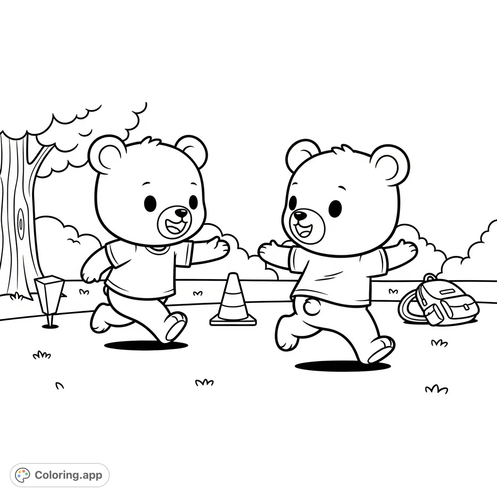 A super cute kawaii coloring page featuring two happy bears playing on a simple playground with a tree, cone, and backpack. Perfect for cheerful coloring!
