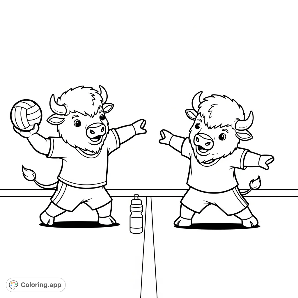 Join two adorable kawaii bison playing a lively game of dodgeball in a gym. This charming kawaii bison coloring page is perfect for a fun, creative escape.