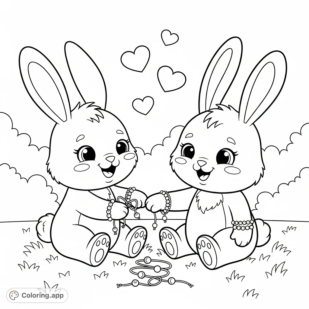An adorable kawaii bunny friendship coloring page featuring two bunnies exchanging bracelets amidst hearts and simple outdoor elements. Perfect for cute art!