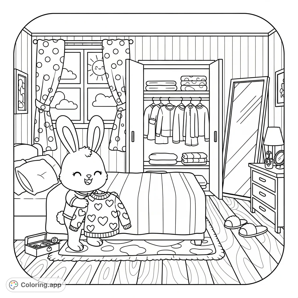 A delightful Kawaii bunny coloring page, featuring a cute bunny picking an outfit in a cozy bedroom, perfect for kids and adults alike!
