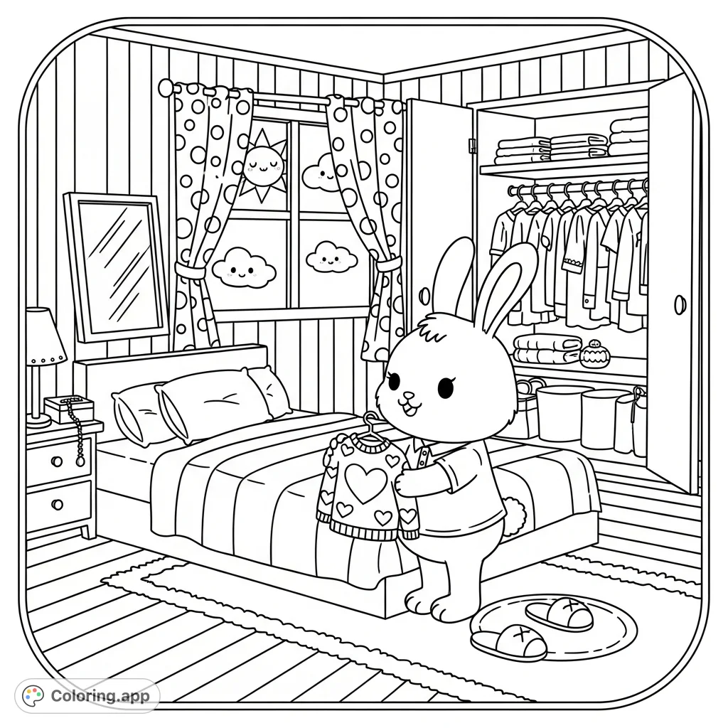 A charming Kawaii bunny getting dressed in a cozy bedroom. Features simple patterns, thick outlines, and a delightful, easy-to-color scene.