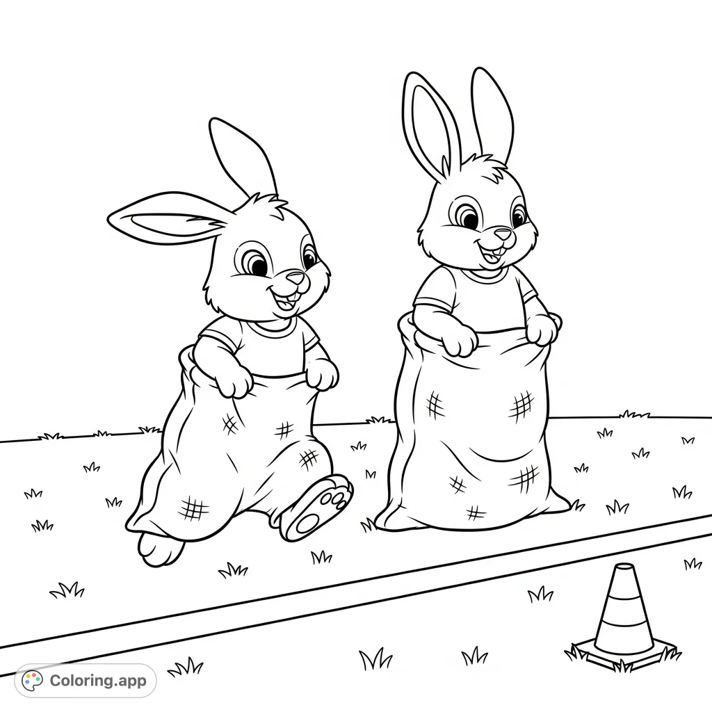 A delightful kawaii bunny sack race coloring page featuring two adorable bunnies in burlap sacks, ready for fun on a grassy field with a finish line.