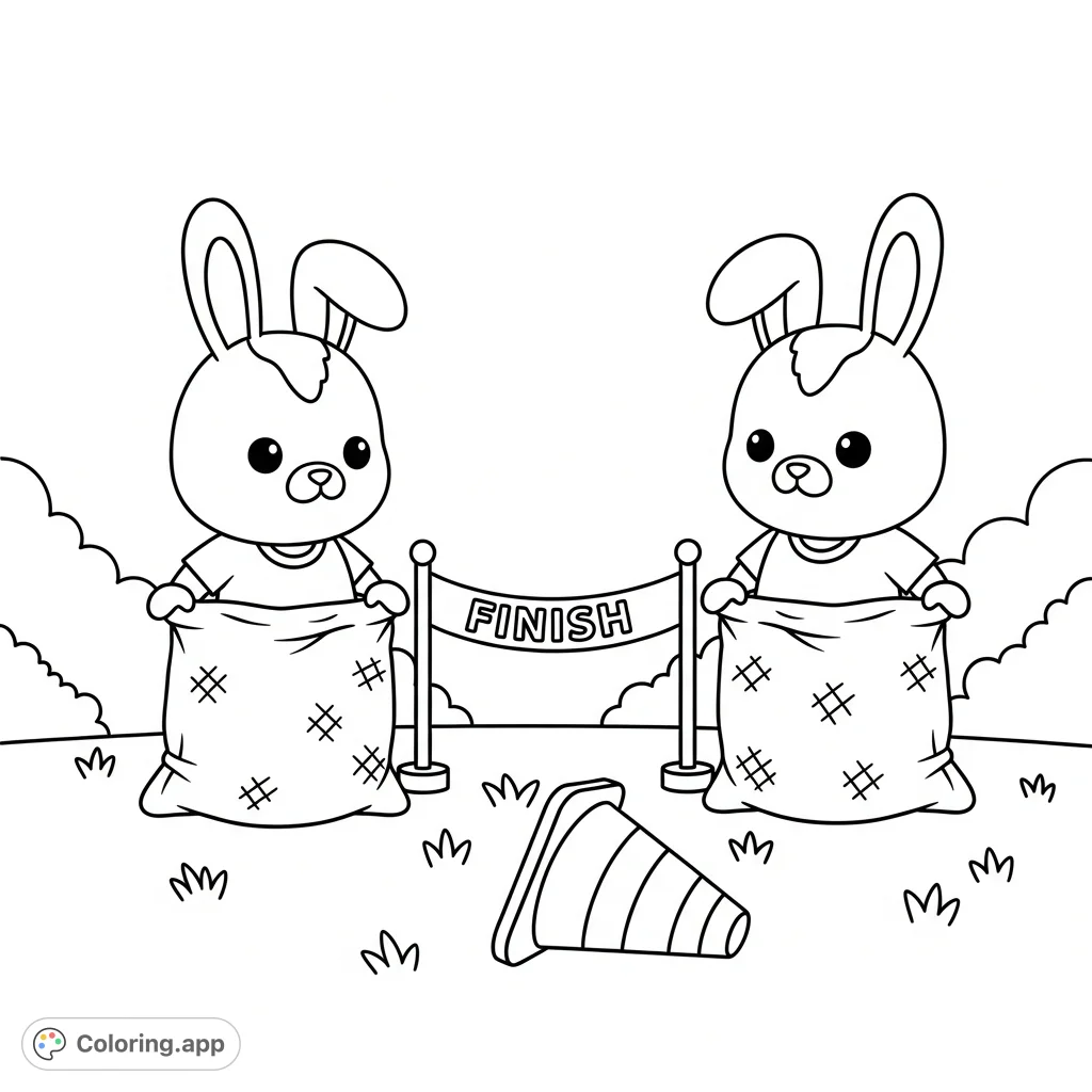Delightful kawaii bunnies ready for a sack race! These adorable characters stand in textured burlap sacks, set against a simple backdrop, perfect for playful coloring.