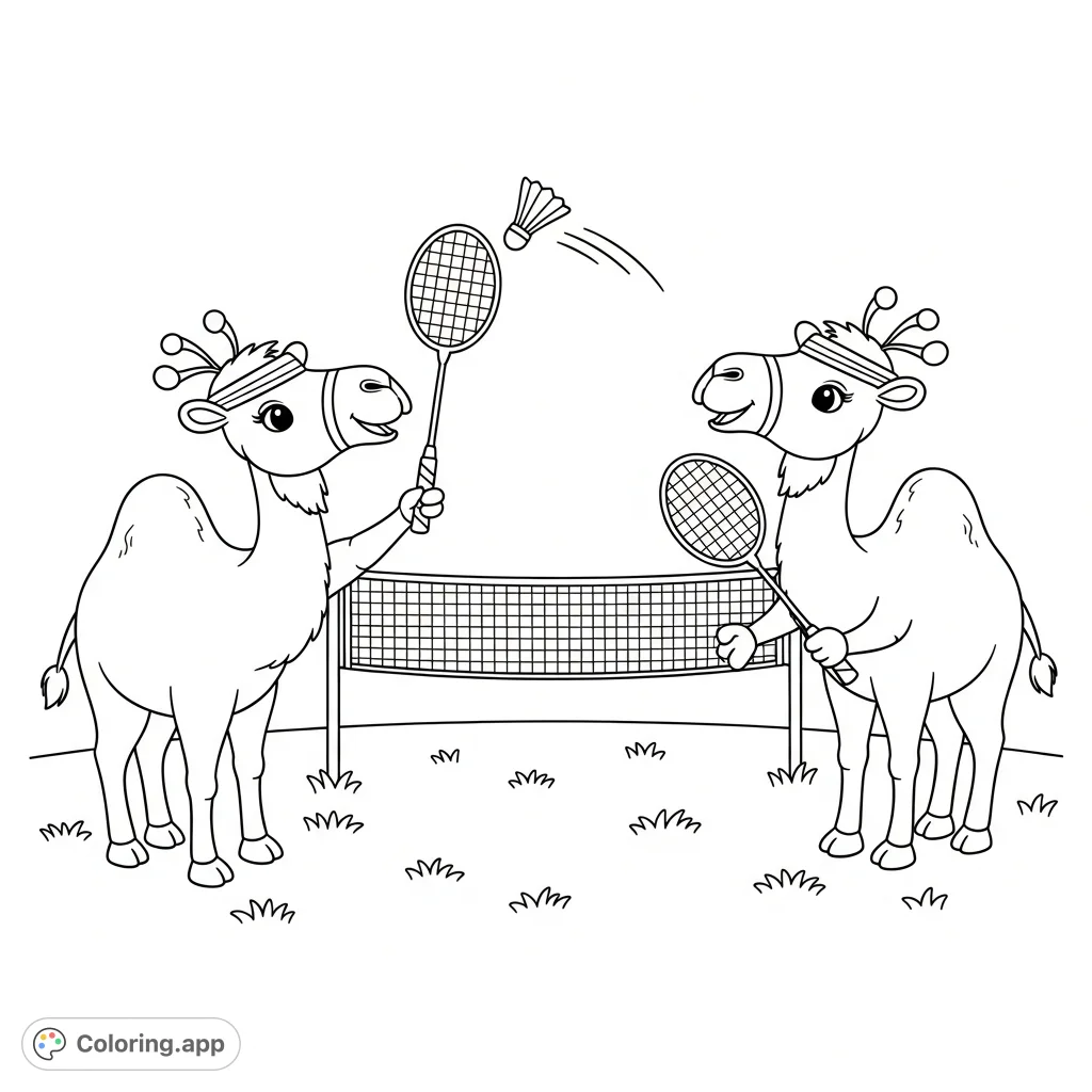 Engage in a delightful badminton game with two happy kawaii camels on this free printable coloring page, perfect for all ages to enjoy!