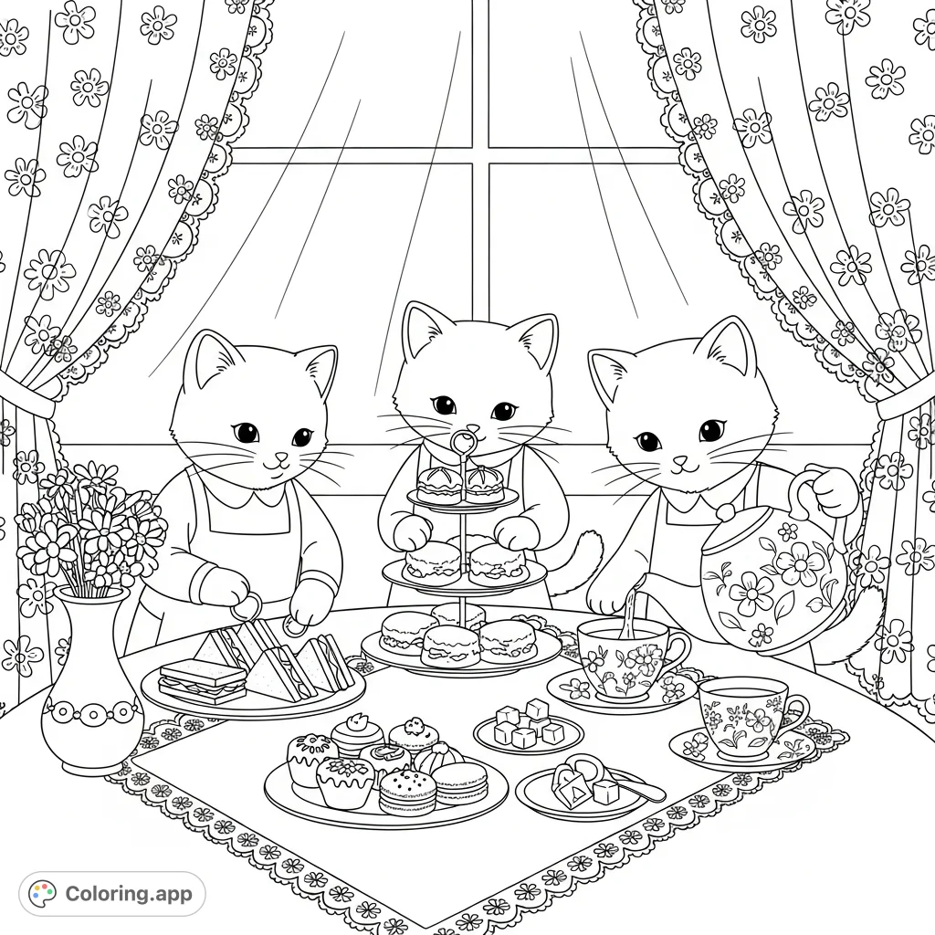Three adorable kawaii cats host a charming afternoon tea in a cozy English cottage. Features an elegant spread of treats, floral teapot, and lace details.