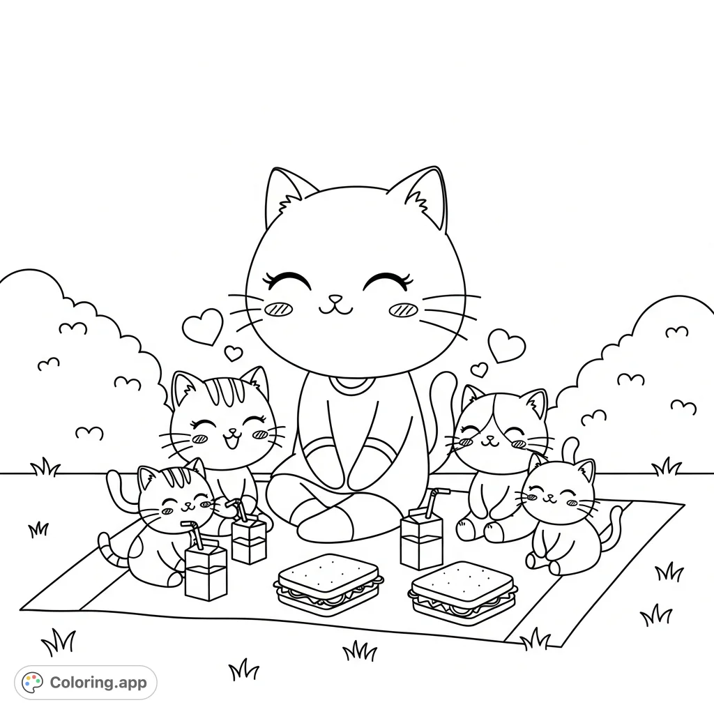 A heartwarming kawaii cat family enjoys a picnic with sandwiches and juice. Adorable mom cat and three kittens share a happy outdoor meal.