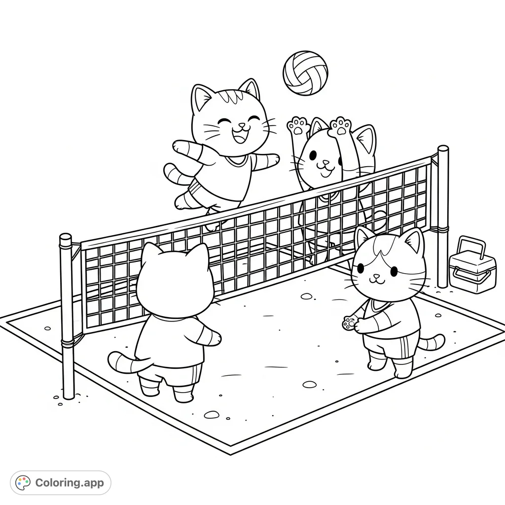 Dive into a delightful game of beach volleyball with four happy kawaii cats! This playful scene features dynamic action, perfect for fun coloring.
