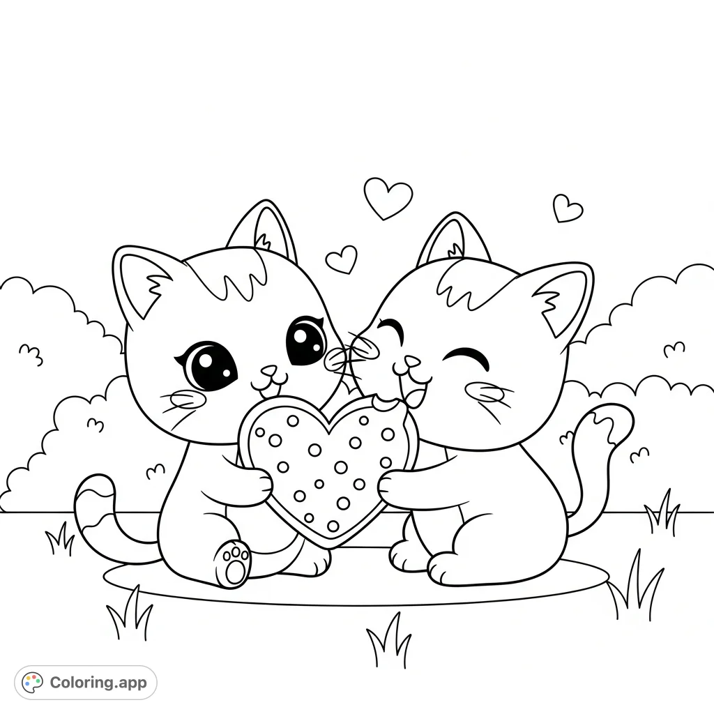 Two adorable kawaii cats with big eyes and sweet smiles share a heart-shaped cookie, surrounded by floating hearts in a cozy, charming scene.