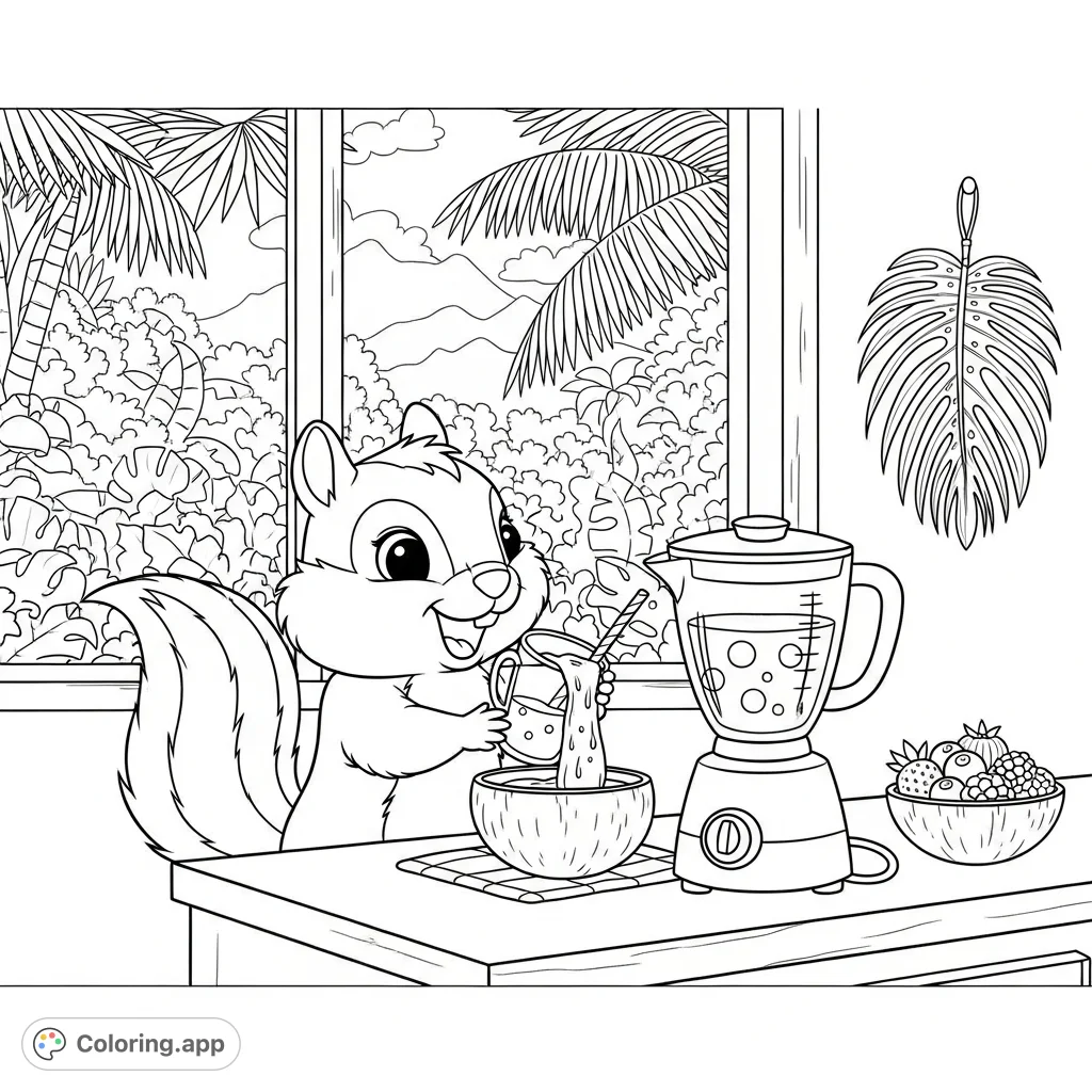 A cheerful kawaii chipmunk prepares a smoothie in a cozy kitchen, complete with a tropical window view and charming details. A delightful coloring page scene.