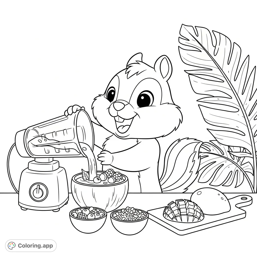 A happy kawaii chipmunk makes a delicious smoothie with fresh mango, berries, and granola, set in a cozy tropical scene. Perfect for a refreshing coloring escape.