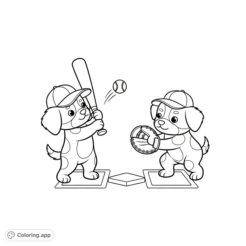 A delightful kawaii dogs baseball coloring page featuring two adorable pups mid-game. Perfect for a fun and relaxing coloring experience.