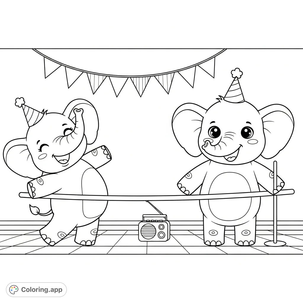 Two cheerful kawaii elephants perform limbo on a patio, one bending under a stick held by the other. Features round faces, party hats, and a cozy party setting.
