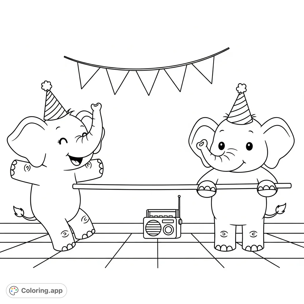 Two adorable kawaii elephants enjoy a playful limbo dance on a patio with festive party hats and a cheerful banner. A delightful and whimsical scene for coloring.