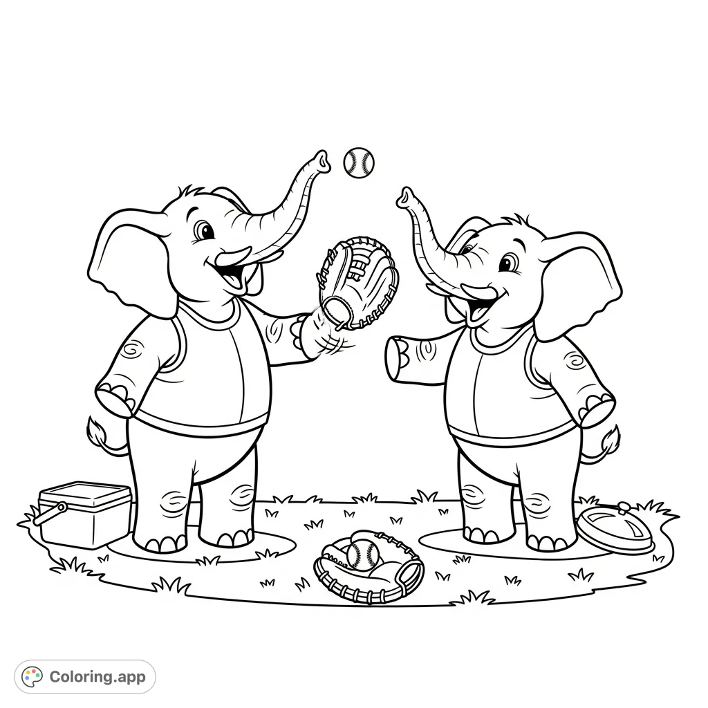 A delightful kawaii elephant coloring page featuring two adorable elephants in sporty vests, enjoying a friendly game of catch on a sunny backyard lawn.