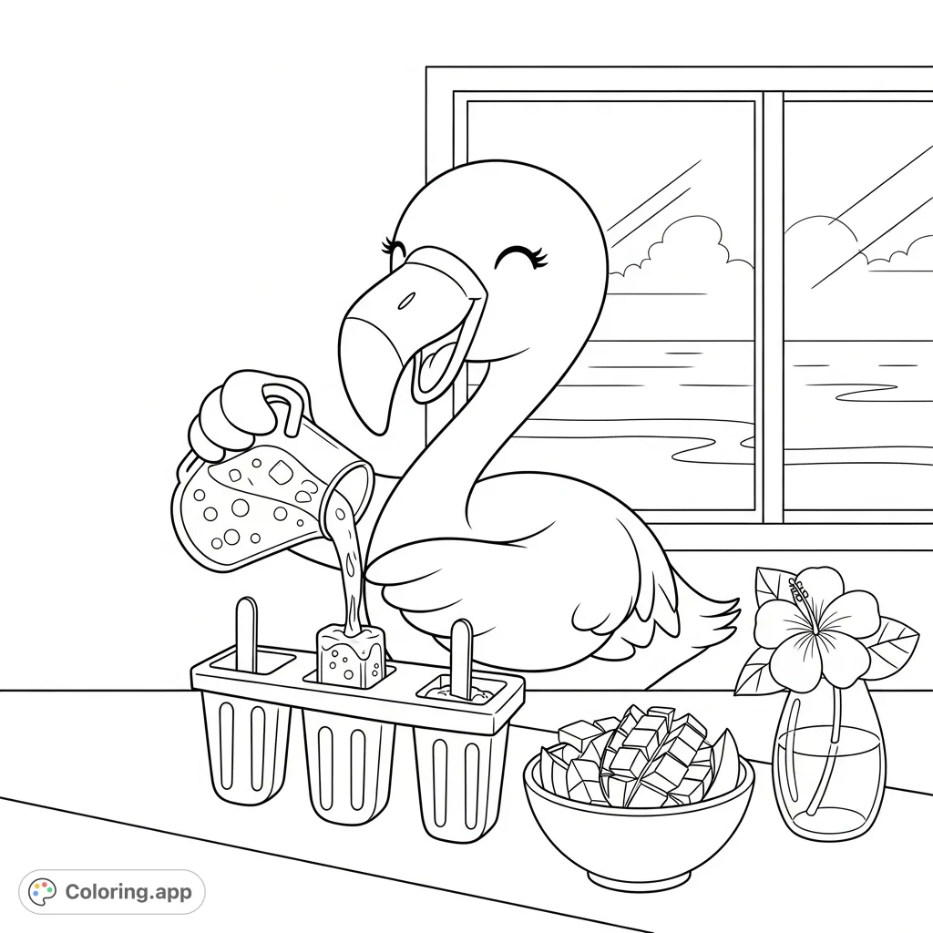 A cheerful kawaii flamingo crafts tropical popsicles on a cozy beach counter, with an ocean view. A delightful scene for creative coloring.