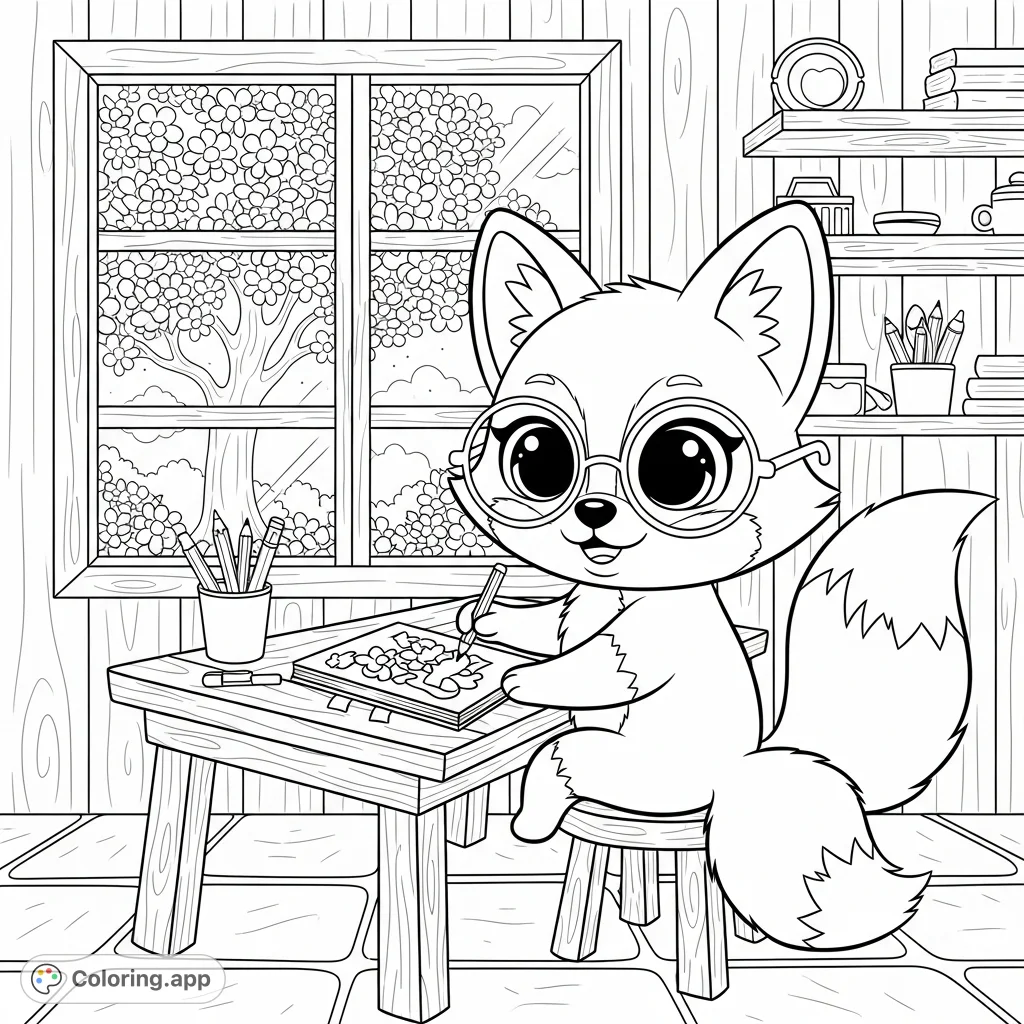 Discover a charming kawaii fox, complete with glasses and a fluffy tail, busy coloring in its cozy cottage art studio, perfect for creative fun!