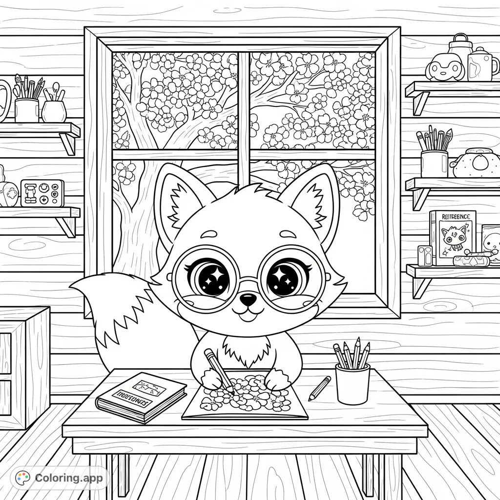 Join a cute kawaii fox with sparkling eyes and round glasses, happily working on art in a cozy wooden cottage studio. A blooming tree is visible through the window.