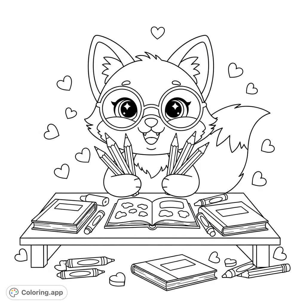 A delightful kawaii fox in glasses at its desk, ready to create! Surrounded by pencils, crayons, and coloring books, it's a scene of pure artistic joy.