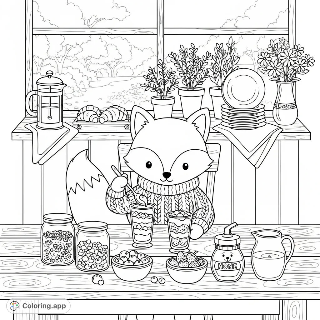 A charming Kawaii fox prepares delicious parfaits in a cozy breakfast nook filled with granola, berries, coffee, and pastries. A delightful scene for relaxation.