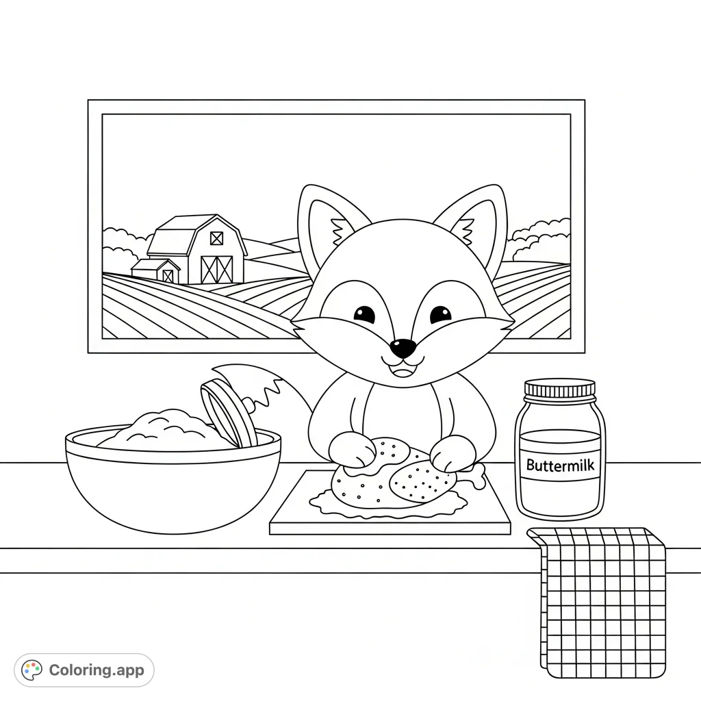 A charming kawaii fox happily preparing food in a cozy farmhouse kitchen. Perfect for a relaxing coloring experience.